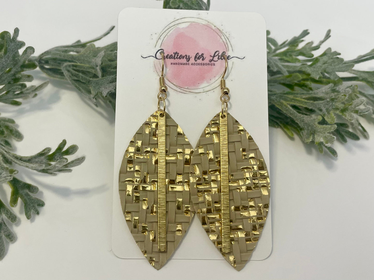 Leatherette Earrings - Beige & Gold Basket Weave