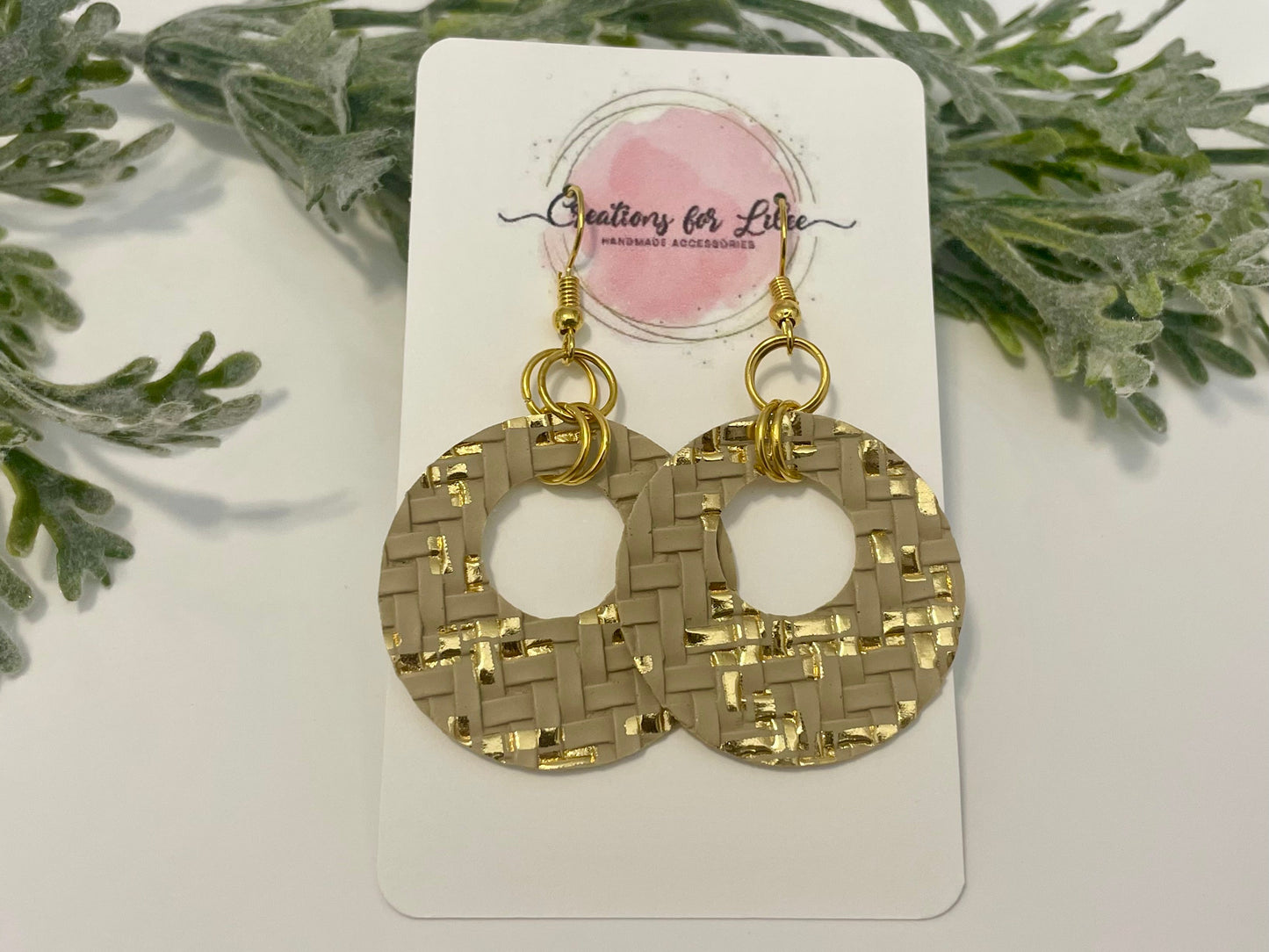 Leatherette Earrings - Beige & Gold Basket Weave