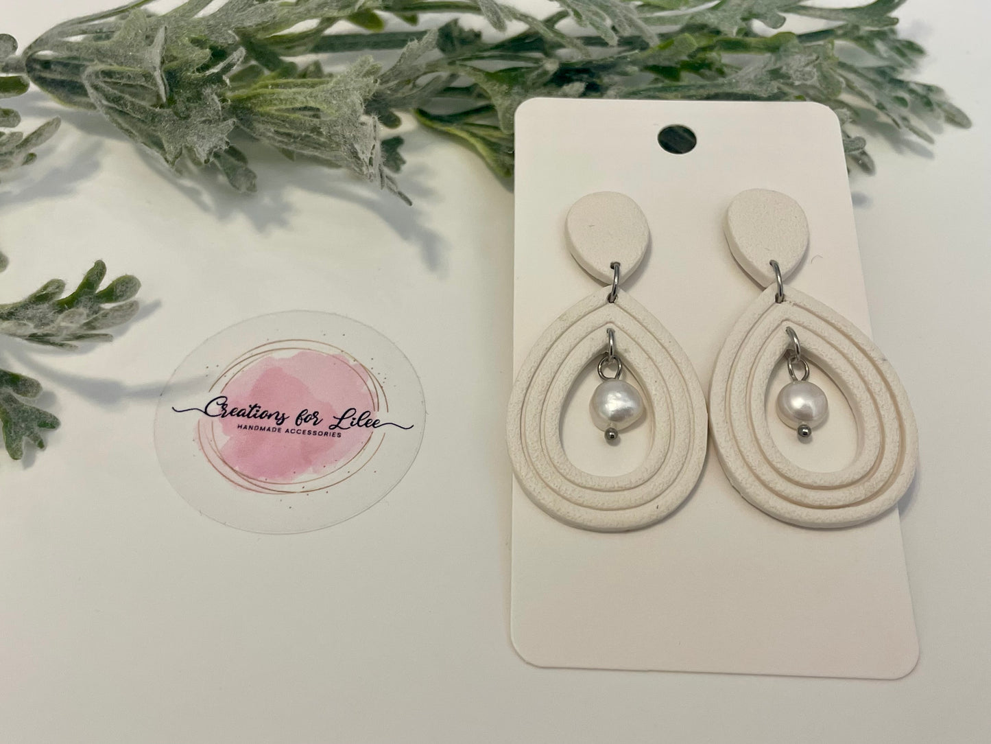 Clay Earrings - White Tear Drop with Freshwater Pearl