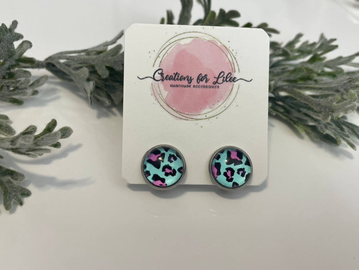 Glass Cabochon Clip On Earrings - Teal with Pink Leopard