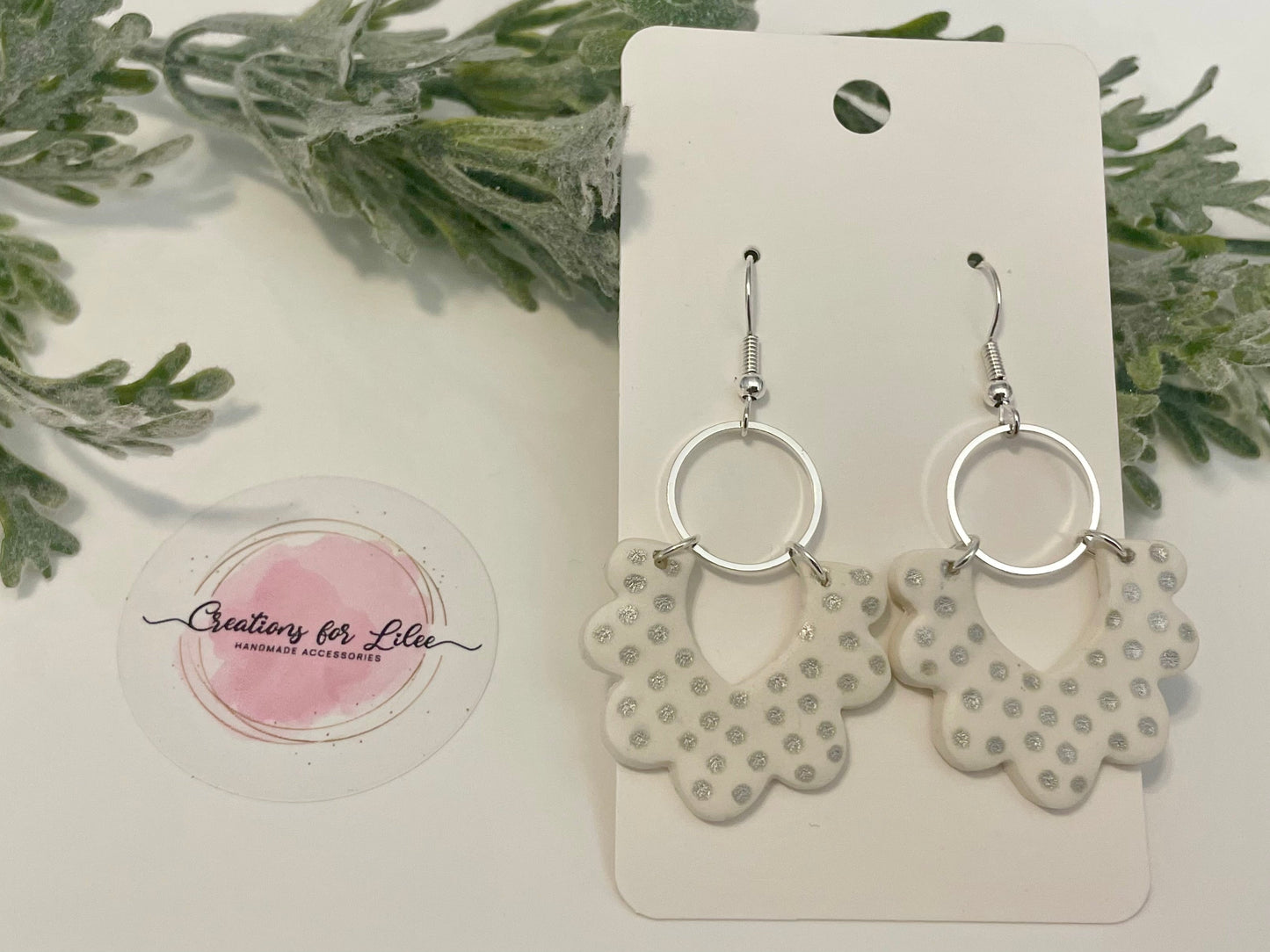 Clay Earrings - White & Silver Scalloped Arch Earrings