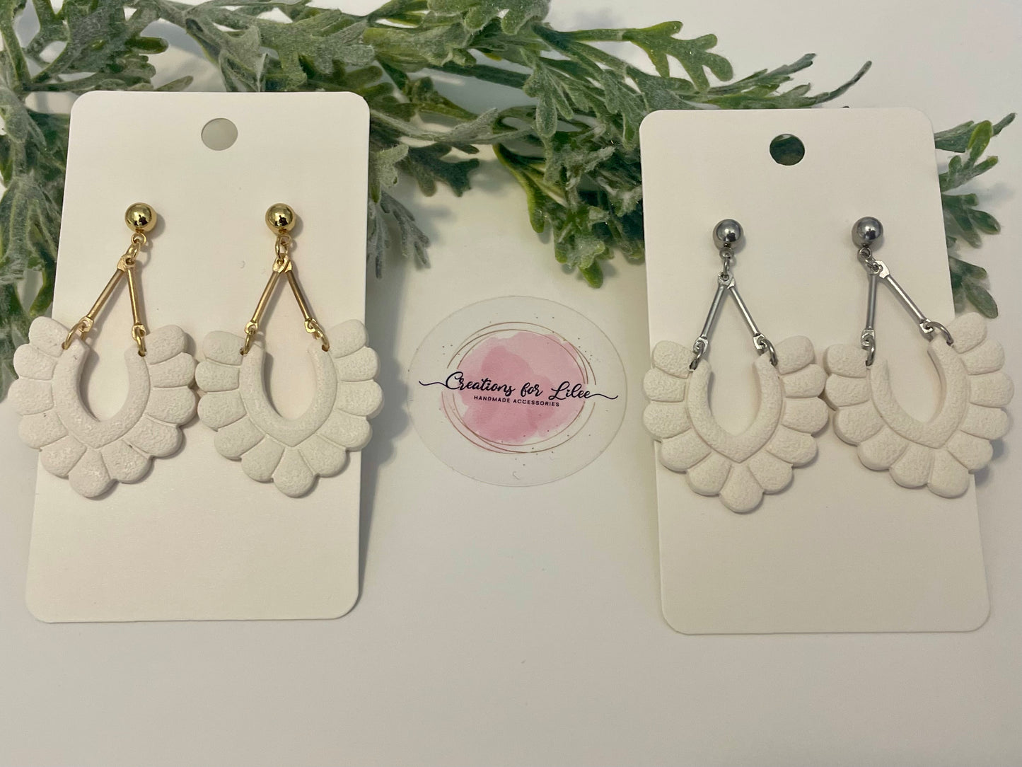 Clay Earrings - White Scalloped Arch Earrings