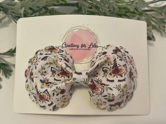 Rounded Bowtie Hair Bow with Scalloped Edges - Florals & Unicorns