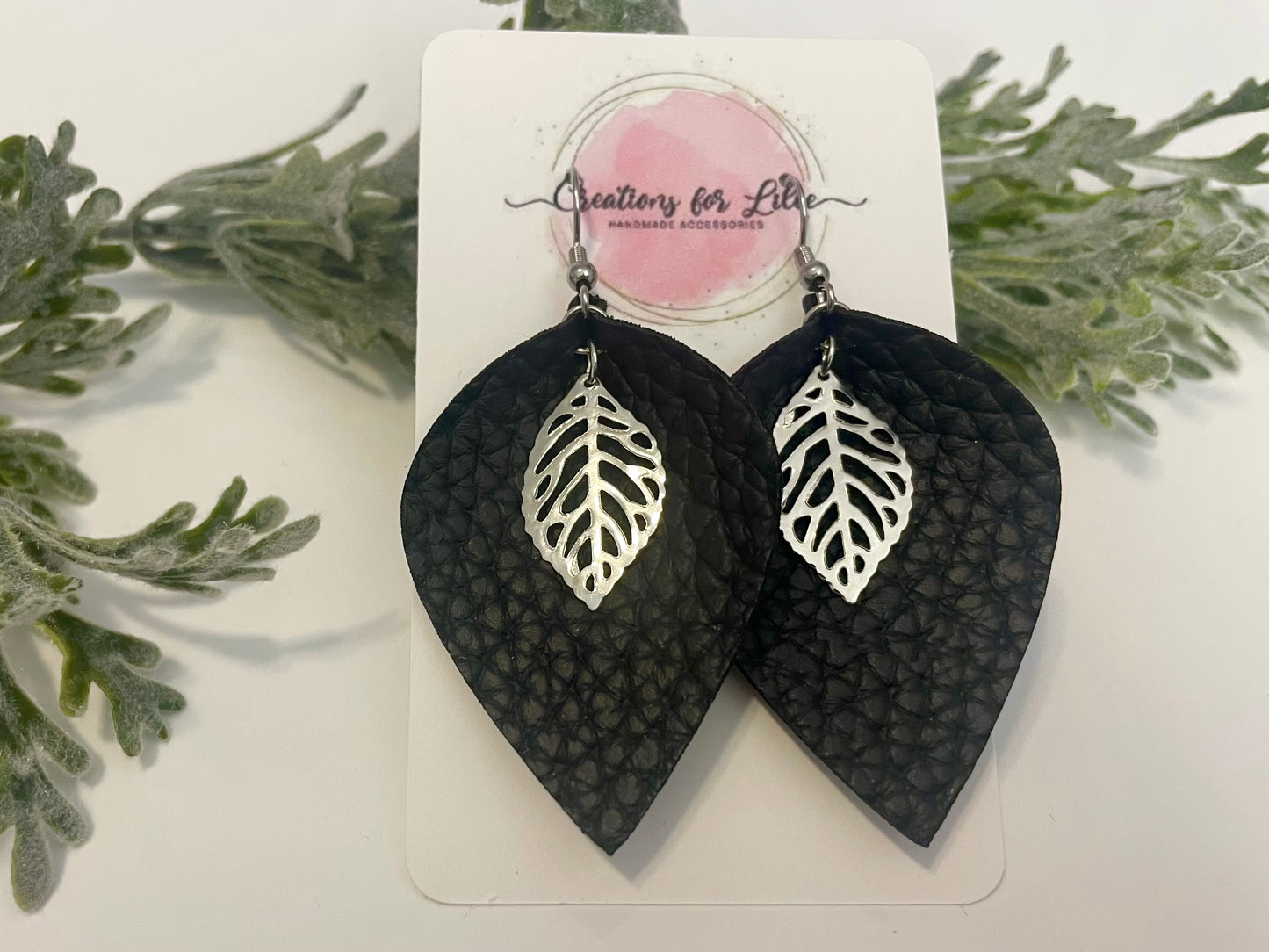 Leatherette Earrings - Black with Cutout Leaves