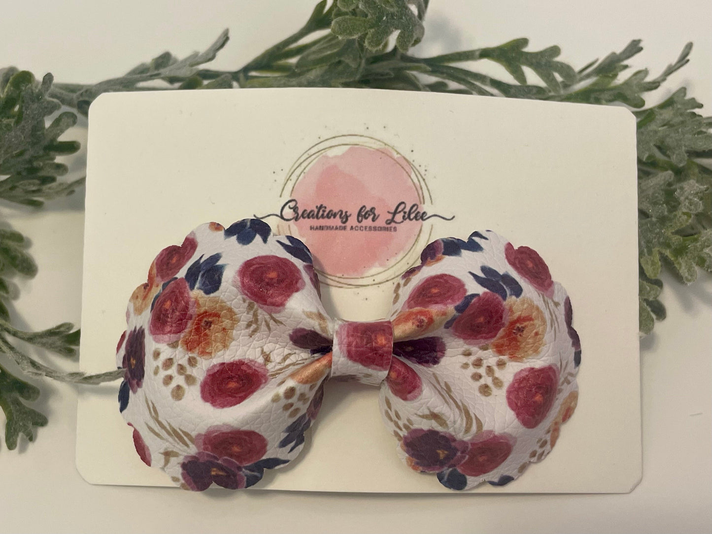 Rounded Bowtie Hair Bow with Scalloped Edges - Burgundy Floral