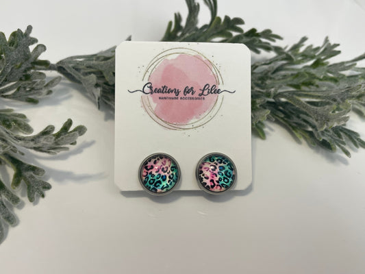 Glass Cabochon Clip On Earrings - Pink & Teal Leopard