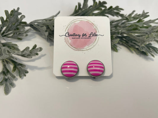 Glass Cabochon Clip On Earrings - Pink & White Stripes