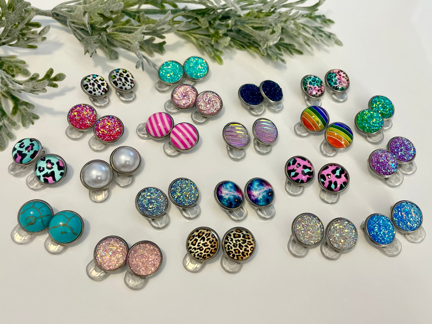 Glass Cabochon Clip On Earrings - Colorful Leopard