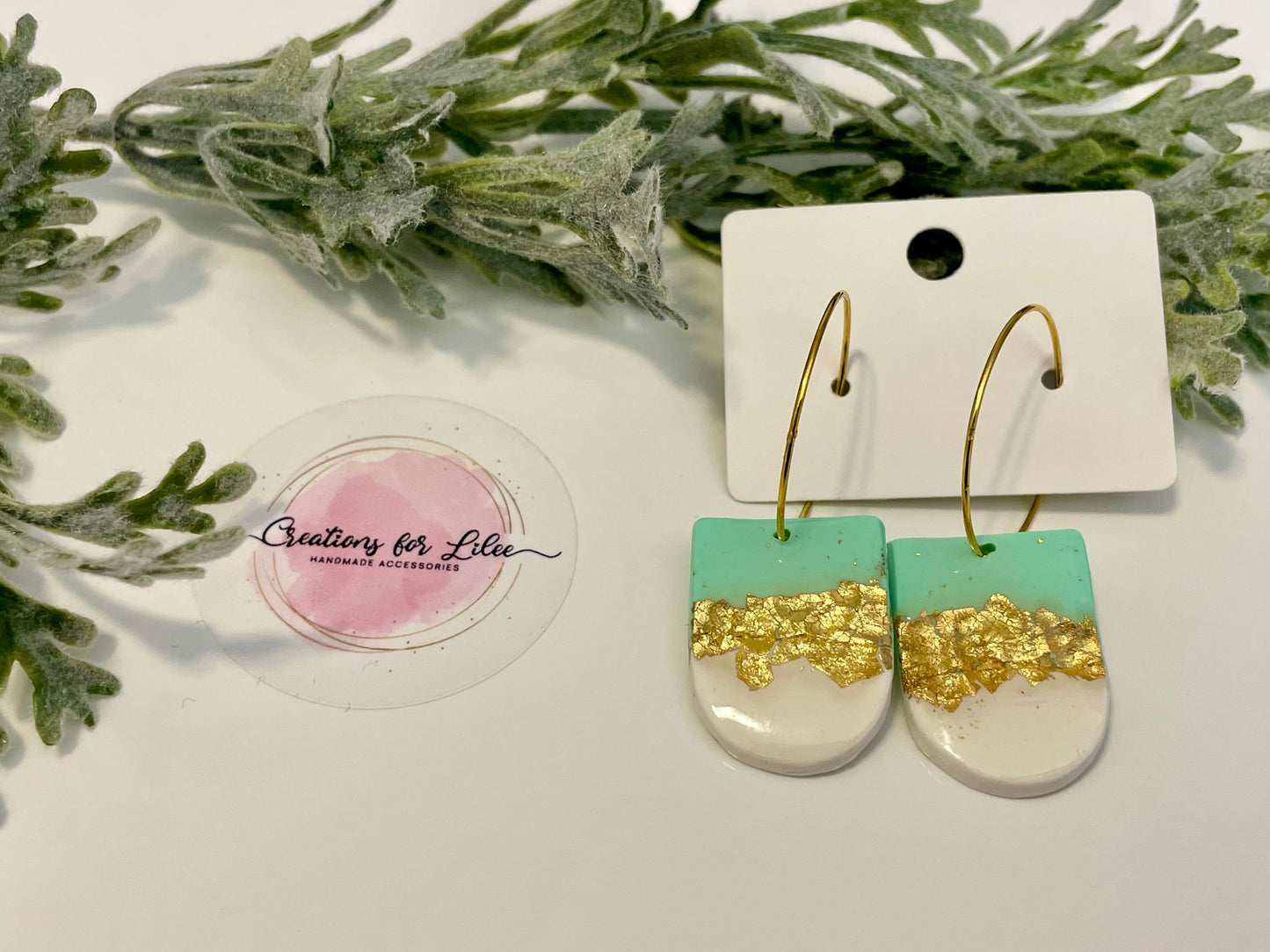 Clay Earrings - Teal & Gold Leaf Hoop Earrings