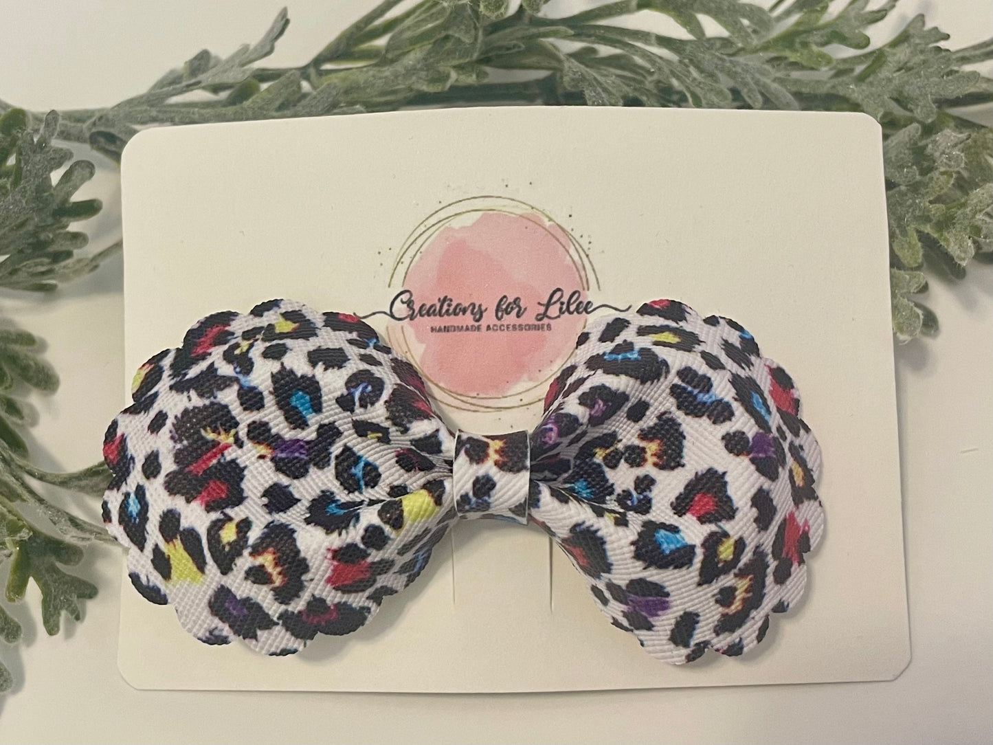 Rounded Bowtie Hair Bow with Scalloped Edges - Colorful Leopard