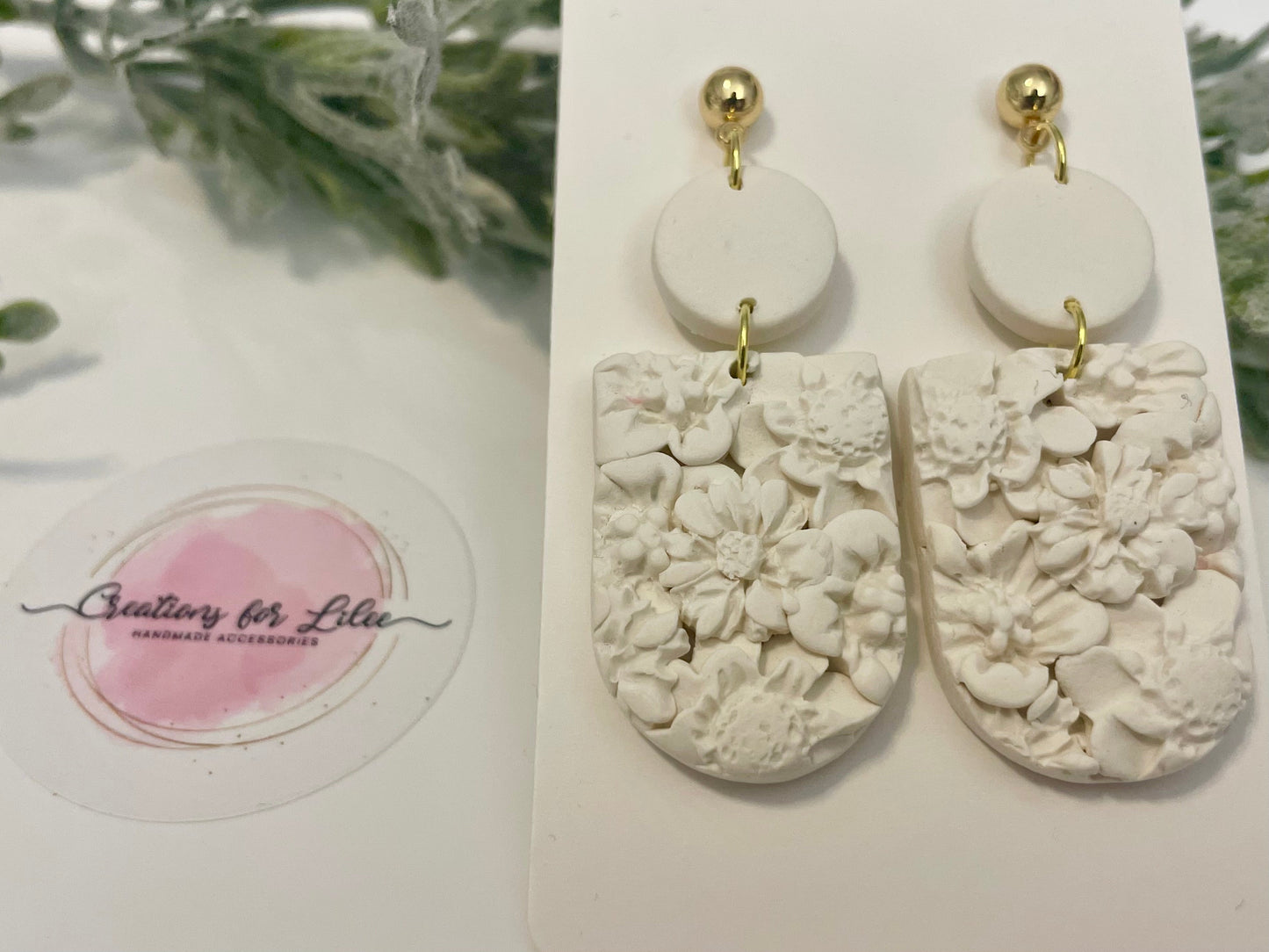 Clay Earrings - White Floral Earrings