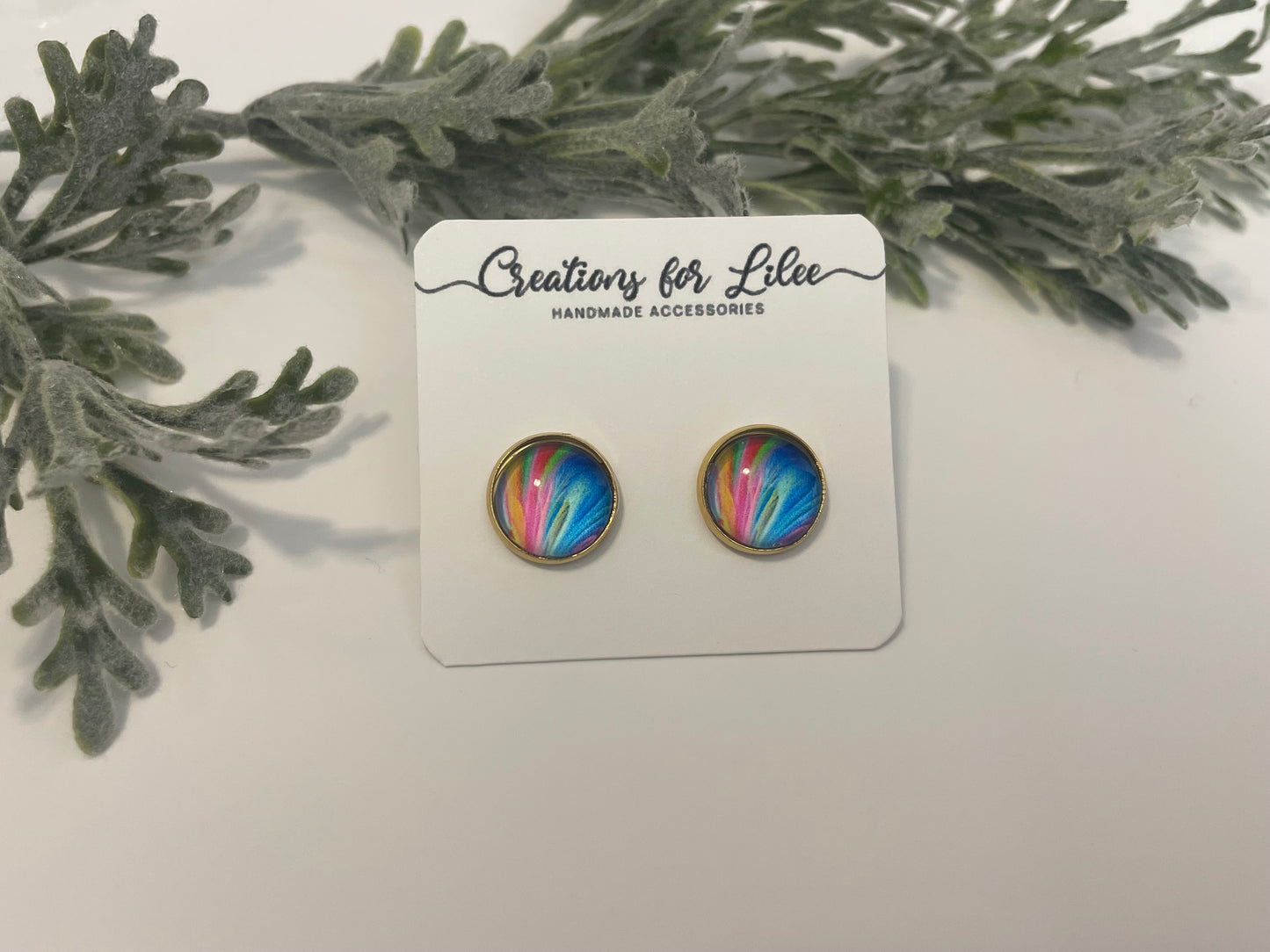 Glass Cabochon Stud Earrings - Color Burst