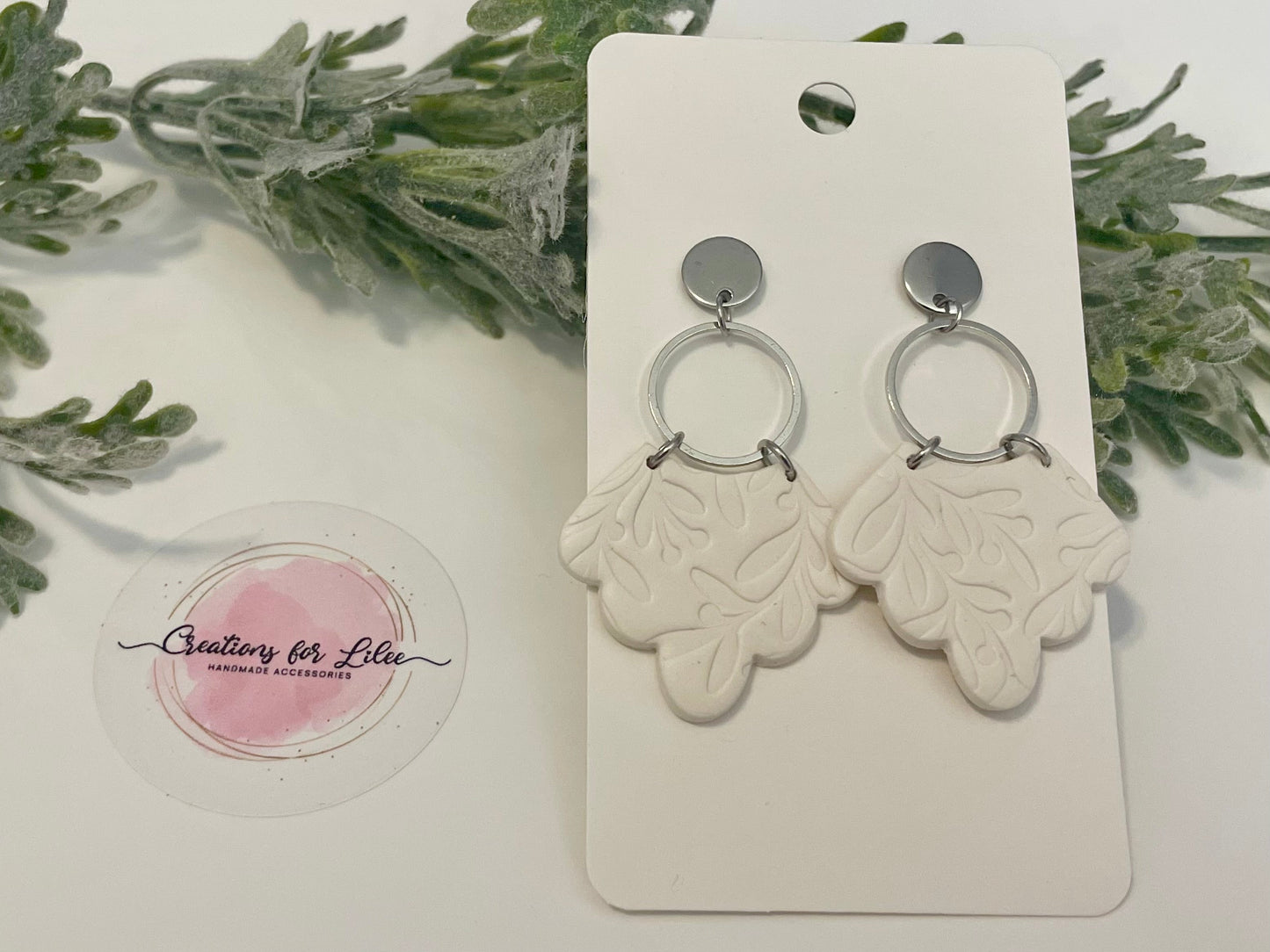 Clay Earrings - White Textured Scalloped Earrings