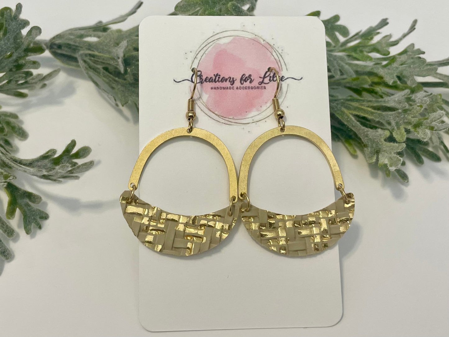 Leatherette Earrings - Beige & Gold Basket Weave