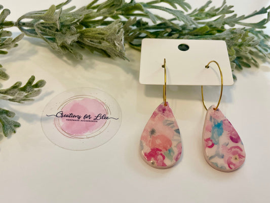 Clay Earrings - Pink Watercolor Floral Hoop Earrings