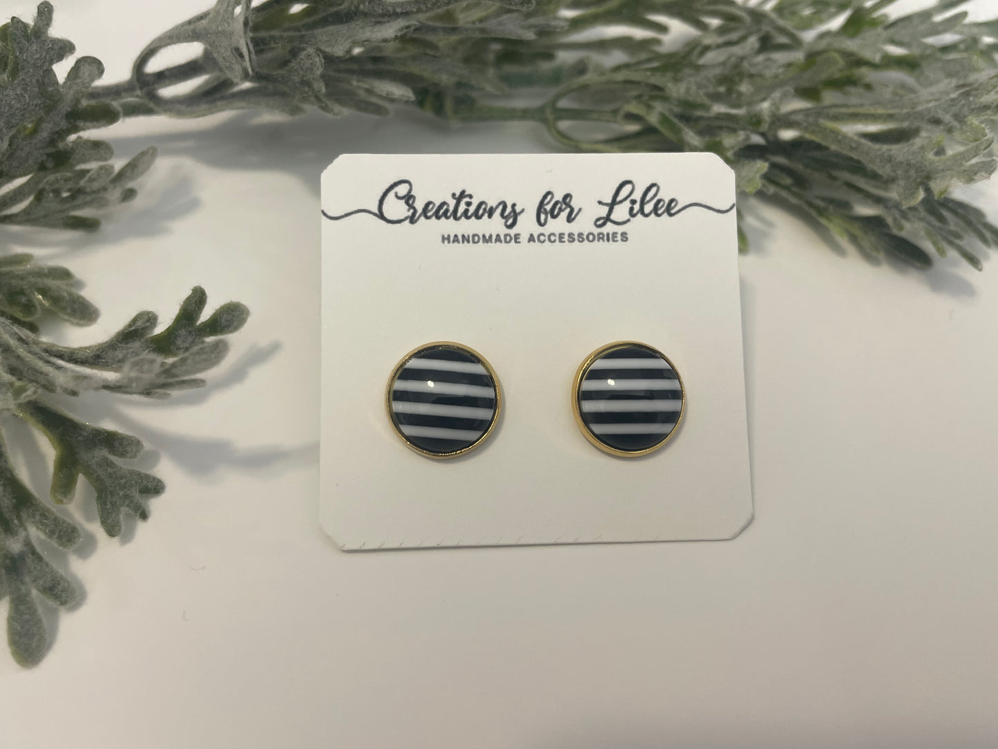 Glass Cabochon Stud Earrings - Black & White Stripes