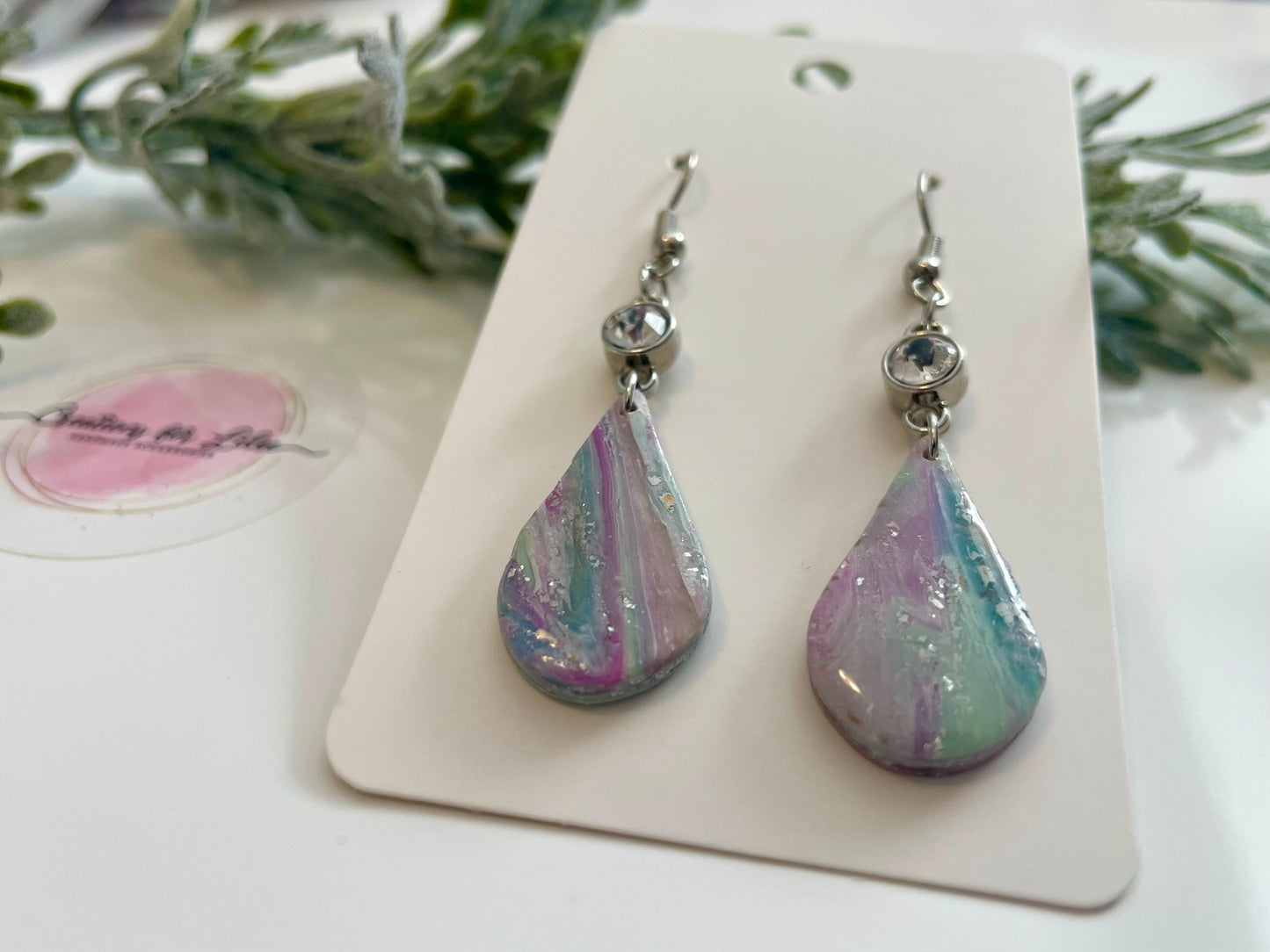 Clay Earrings - Purple & Teal Rhinestone Drop Earrings