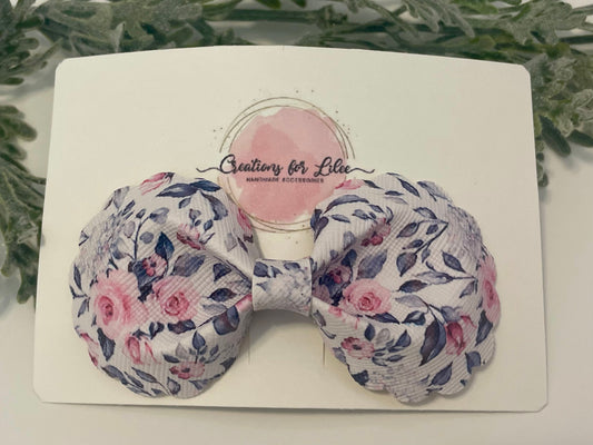 Rounded Bowtie Hair Bow with Scalloped Edges - Pink & Grey Floral