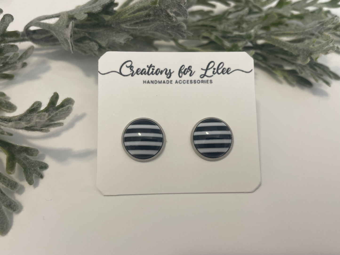 Glass Cabochon Stud Earrings - Black & White Stripes