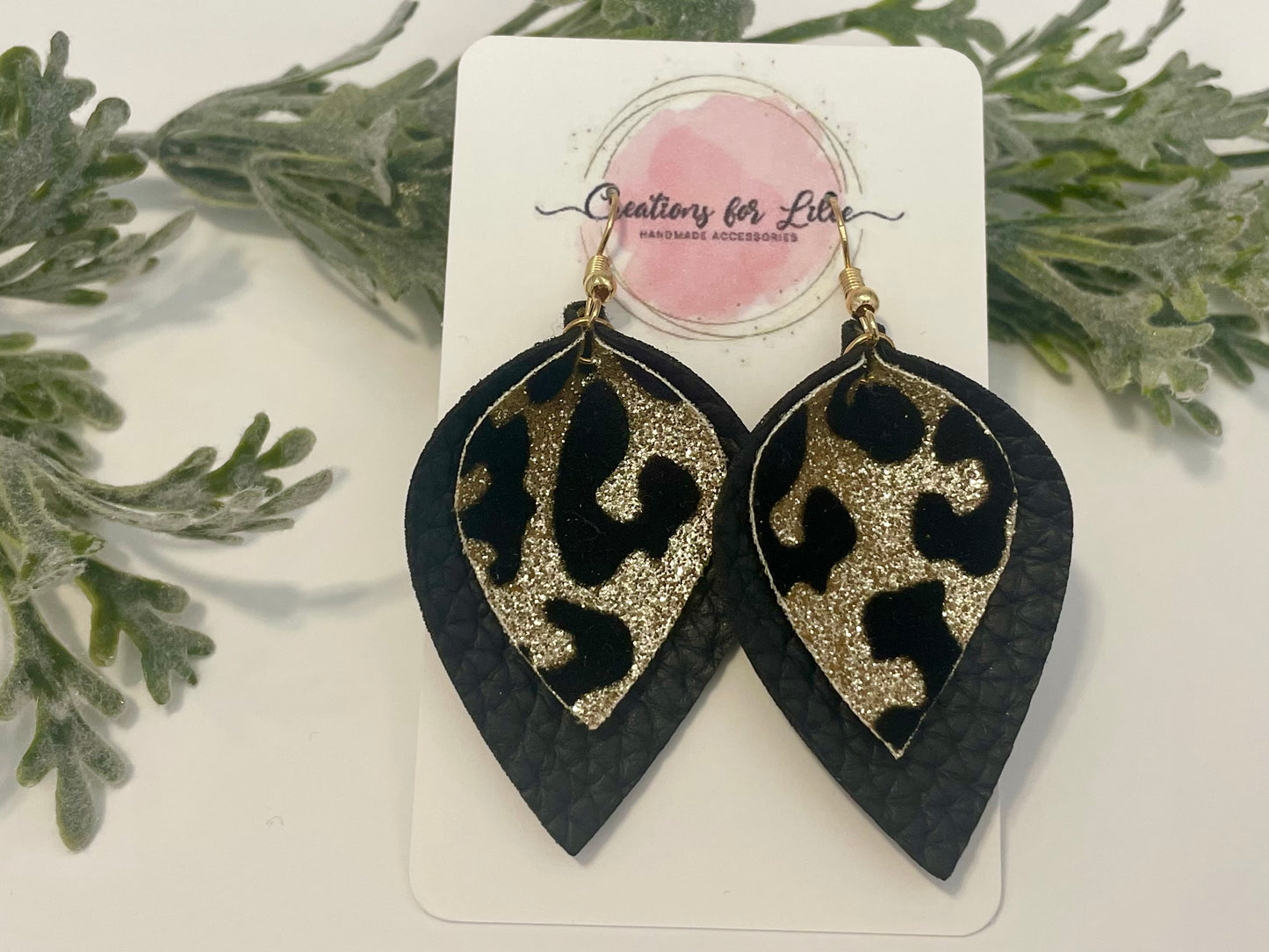 Leatherette Earrings - Black & Gold Leopard