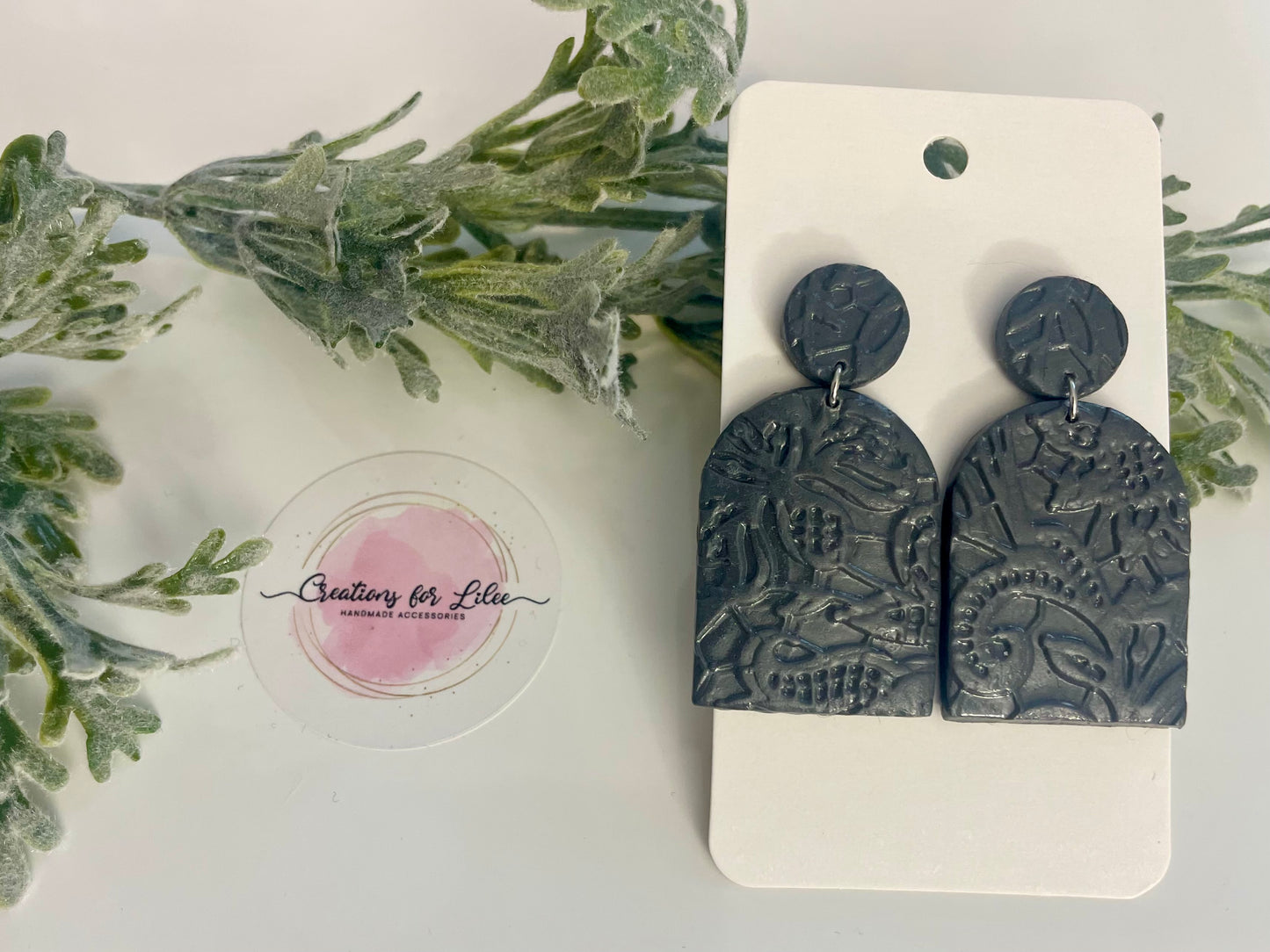 Clay Earrings - Grey Lace Textured Earrings