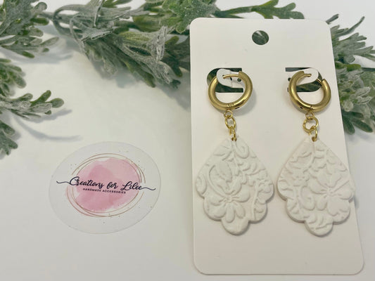 Clay Earrings - White Floral Drop Hoop