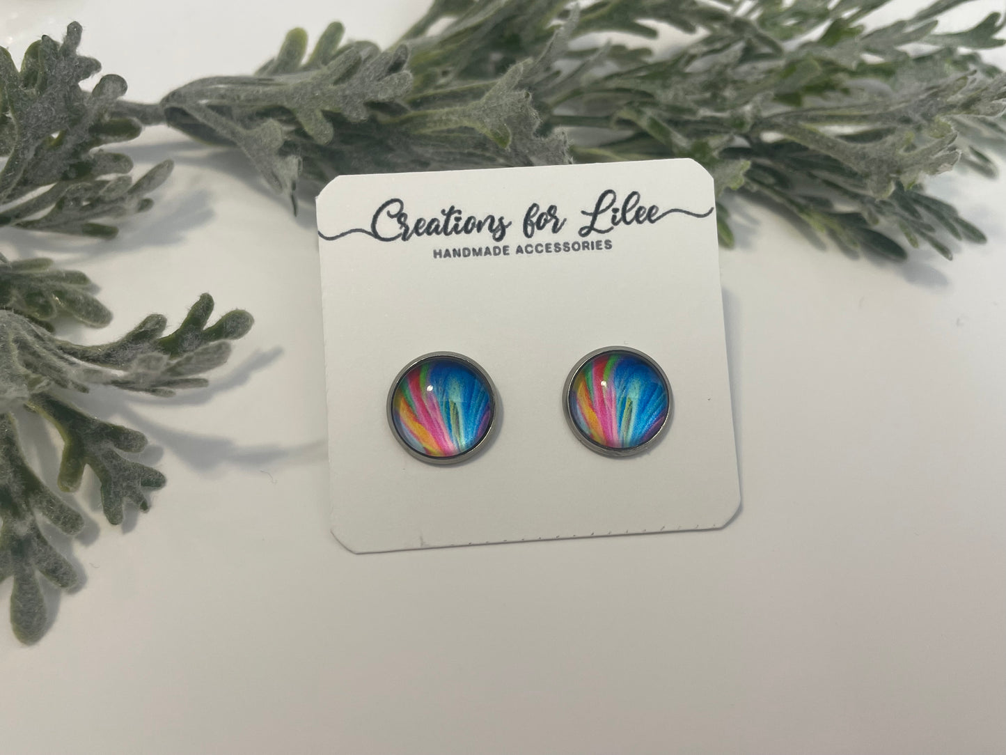 Glass Cabochon Stud Earrings - Color Burst