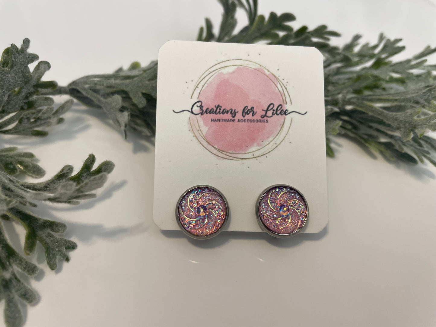 Sparkly Pink Swirl Resin Clip On Earrings