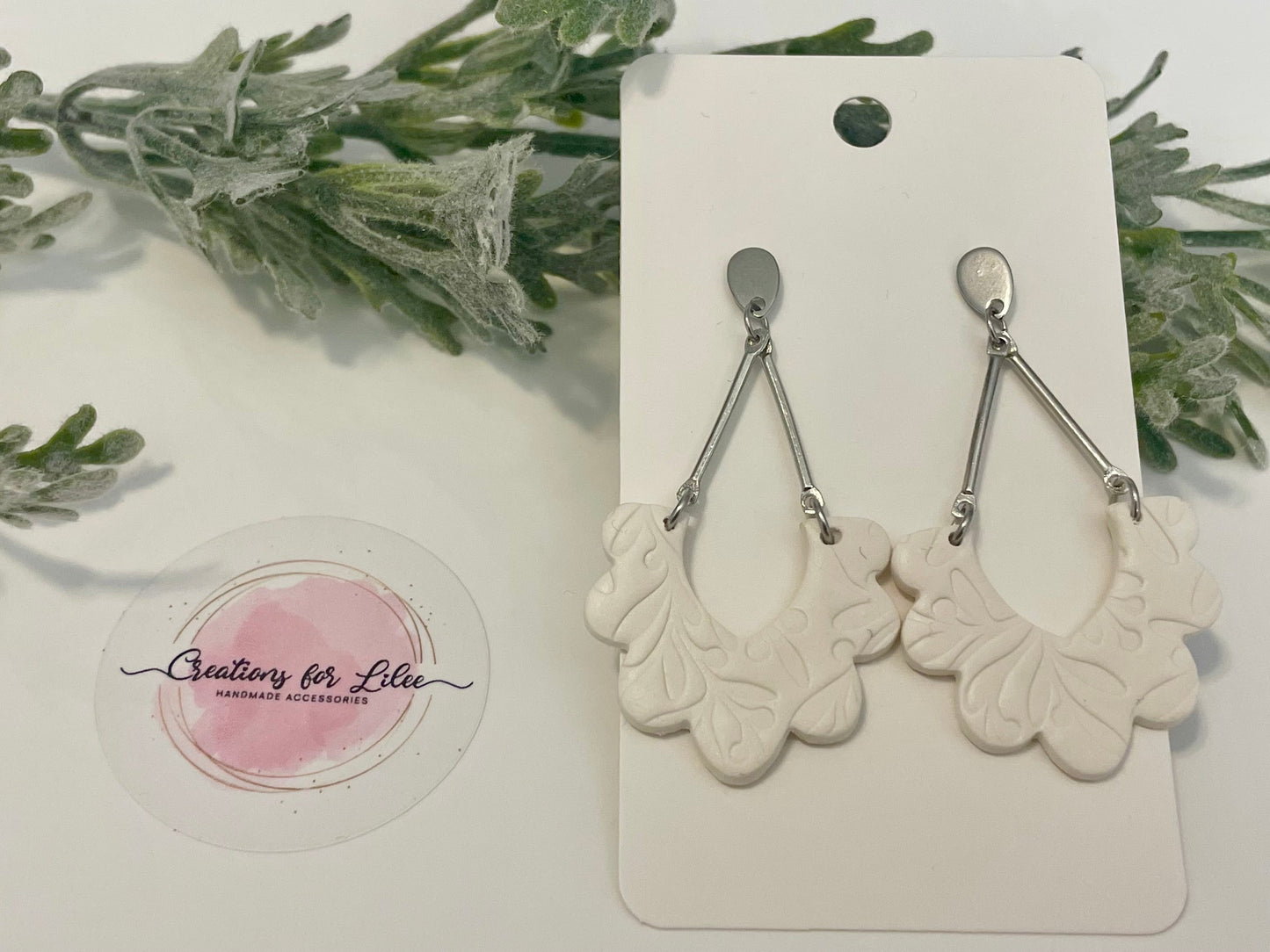 Clay Earrings - White Scalloped Arch Earrings