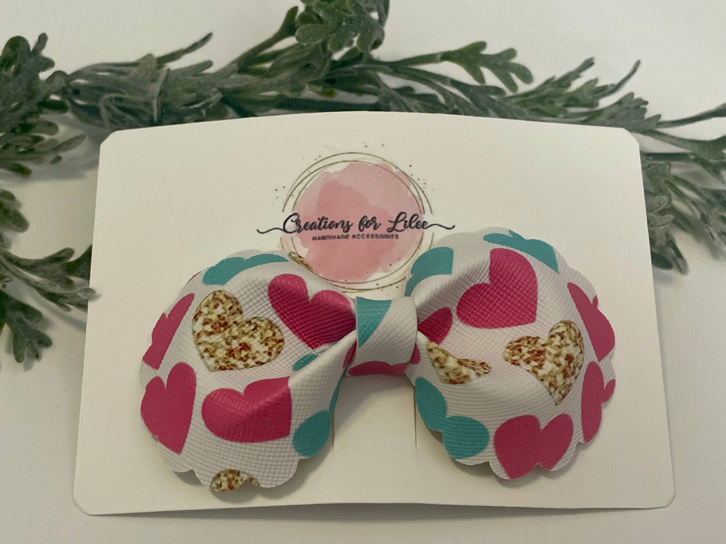 Rounded Bowtie Hair Bow with Scalloped Edges - Pink, Teal & Gold Hearts