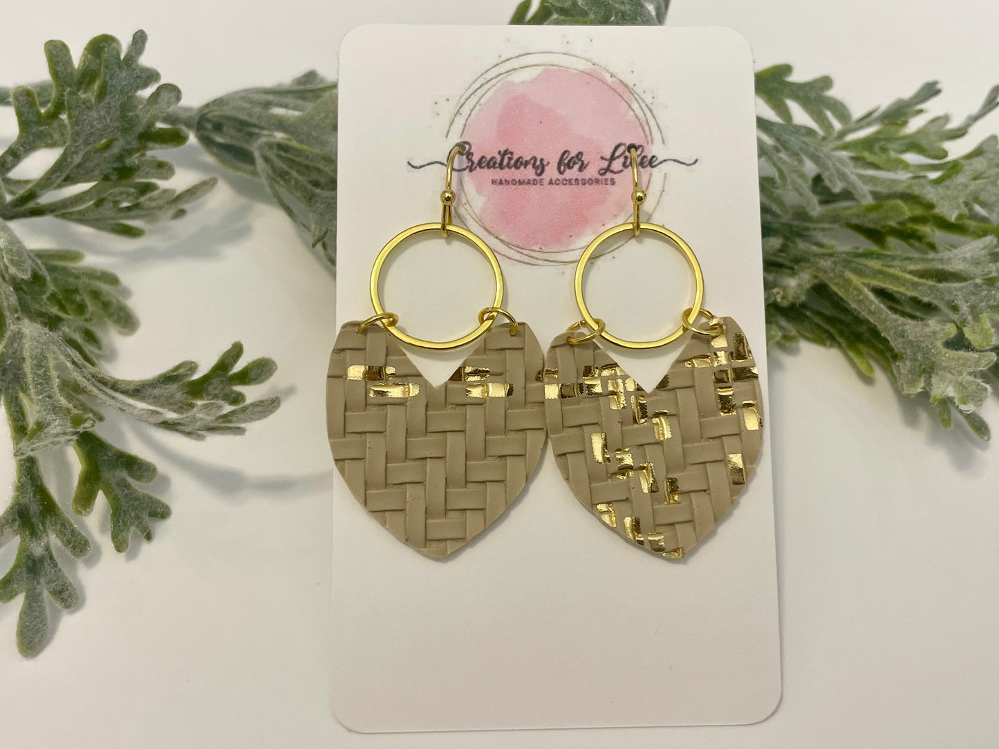 Leatherette Earrings - Beige & Gold Basket Weave