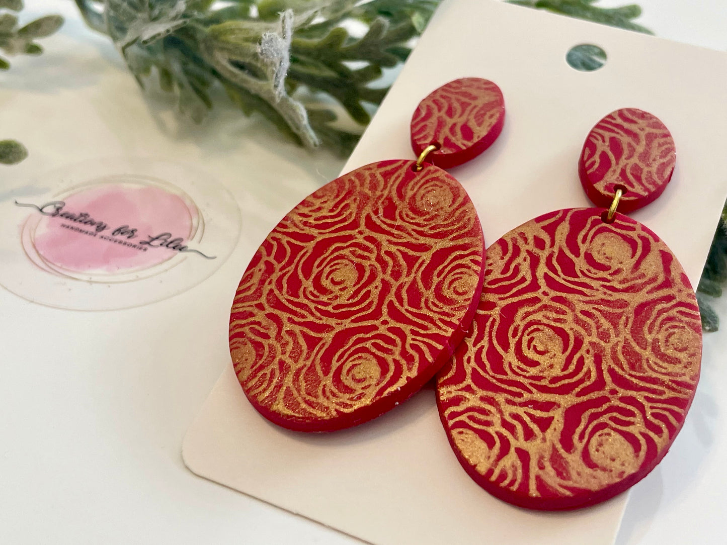 Clay Earrings - Red & Gold Rose Earrings