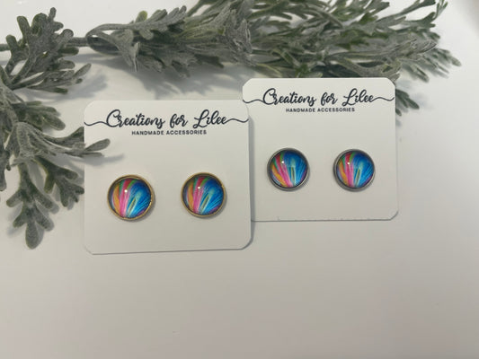 Glass Cabochon Stud Earrings - Color Burst