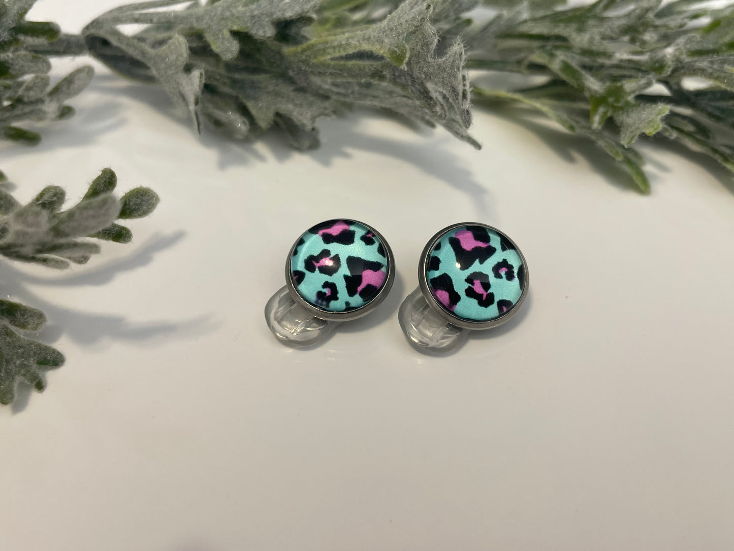 Glass Cabochon Clip On Earrings - Teal with Pink Leopard