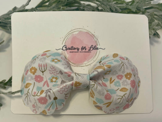 Rounded Bowtie Hair Bow with Scalloped Edges - Pastel Floral