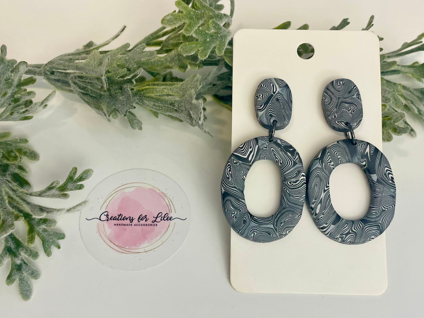 Clay Earrings - Black & White Swirl Earrings