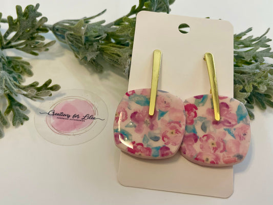 Clay Earrings - Pink Watercolor Floral Earrings