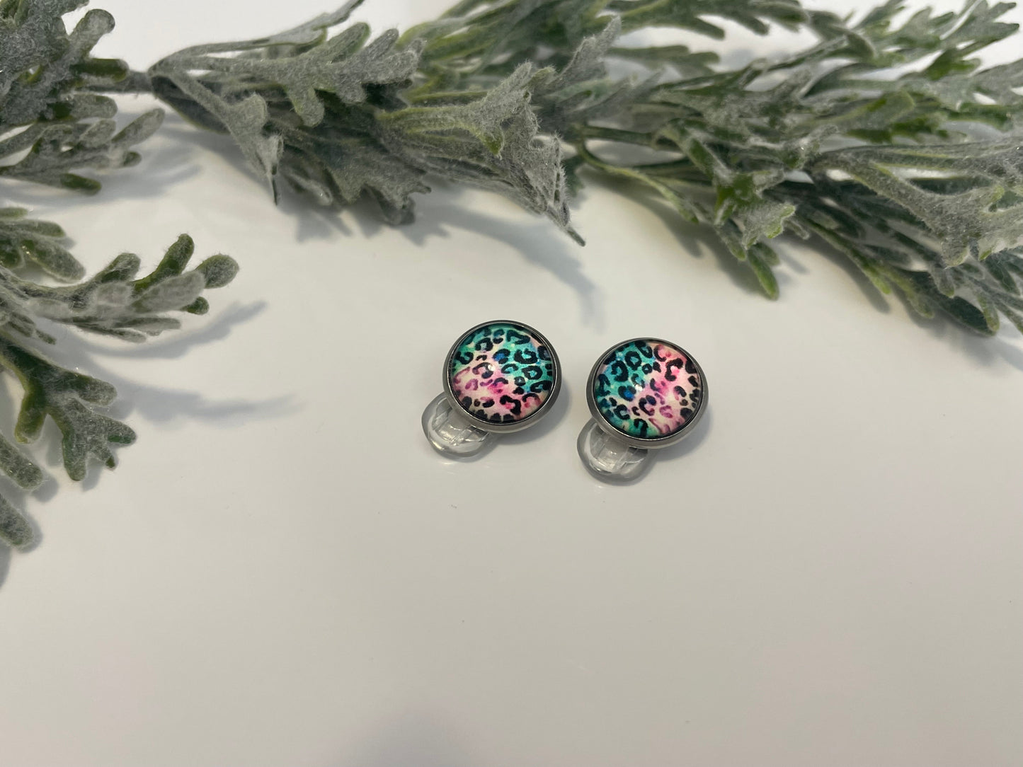 Glass Cabochon Clip On Earrings - Pink & Teal Leopard