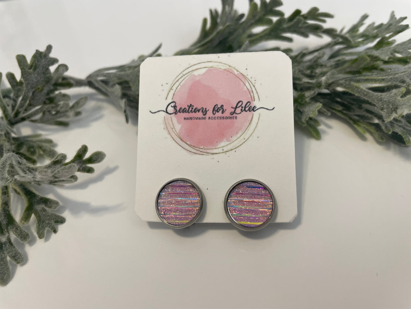 Sparkly Pink Stripe Resin Clip On Earrings