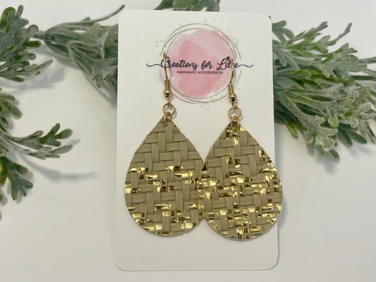 Leatherette Earrings - Beige & Gold Basket Weave