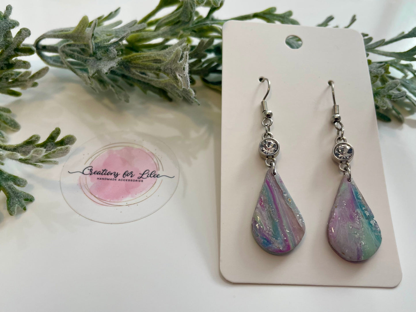 Clay Earrings - Purple & Teal Rhinestone Drop Earrings