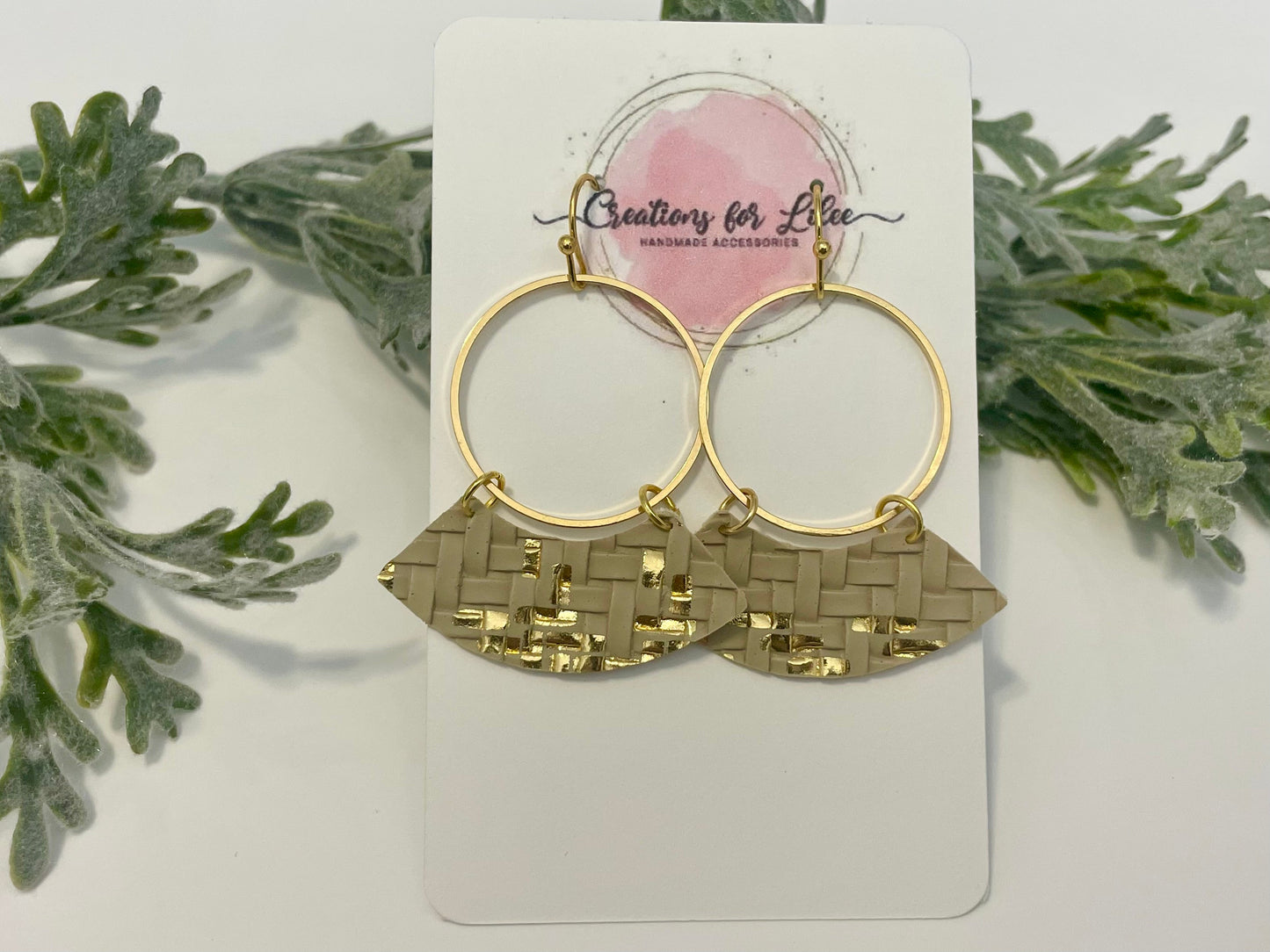 Leatherette Earrings - Beige & Gold Basket Weave