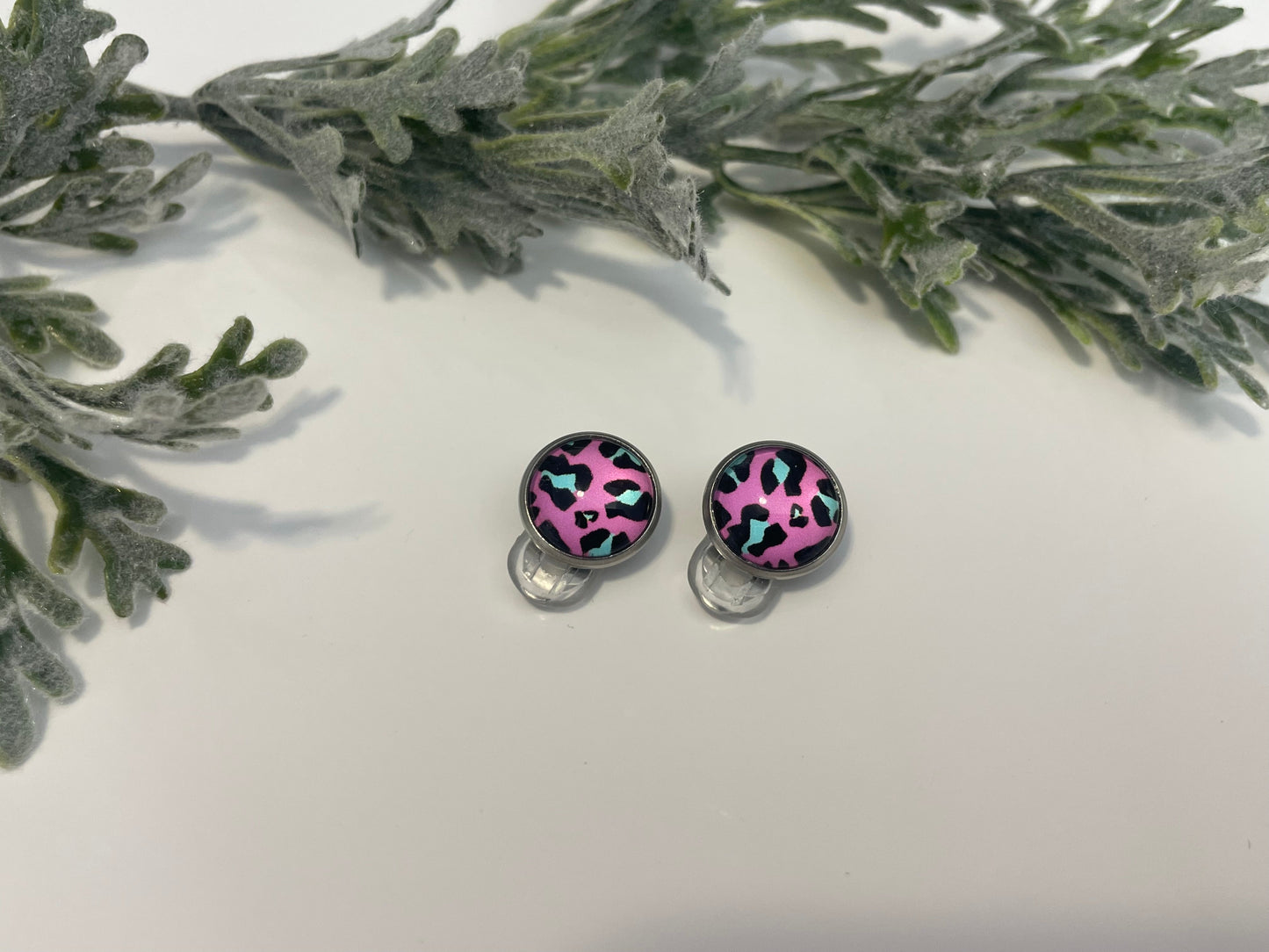 Glass Cabochon Clip On Earrings - Pink with Teal Leopard