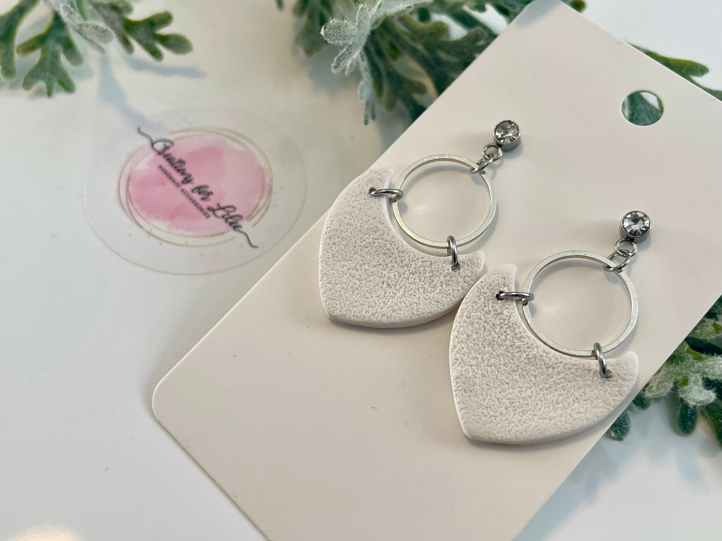 Clay Earrings - White & Rhinestone Earrings