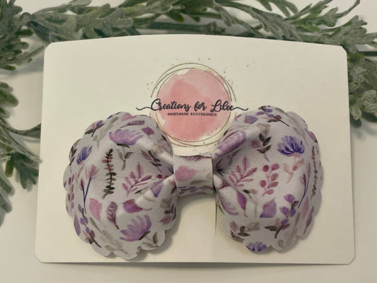 Rounded Bowtie Hair Bow with Scalloped Edges - Purple Floral