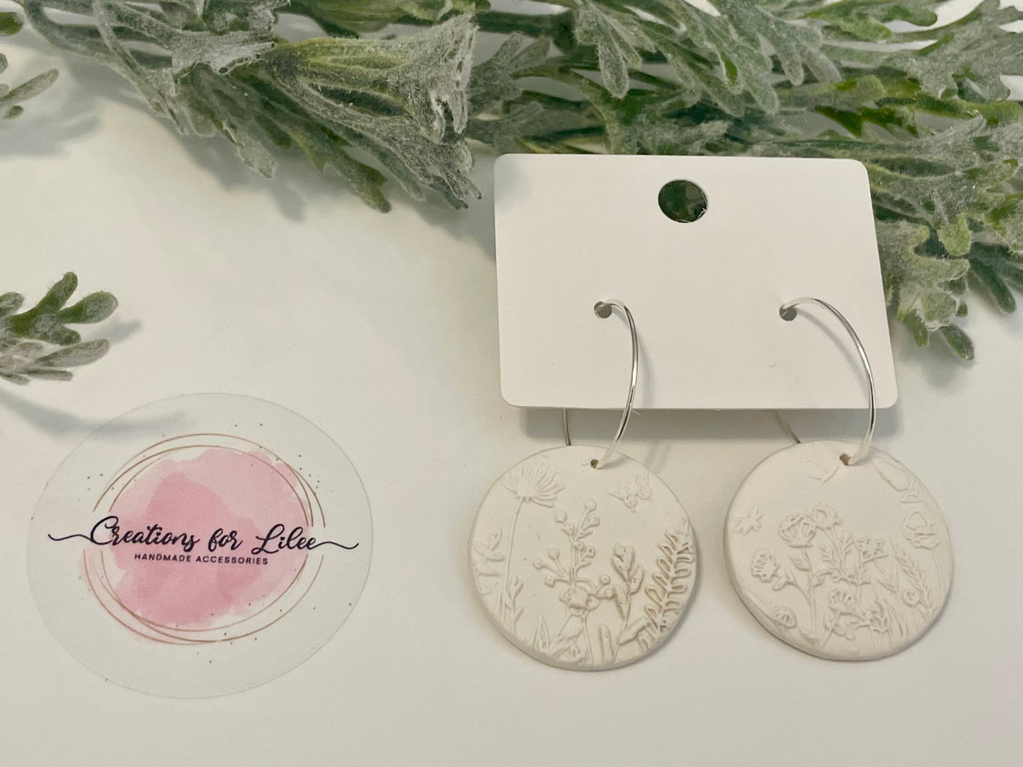 Clay Earrings - White Floral Circle Hoops