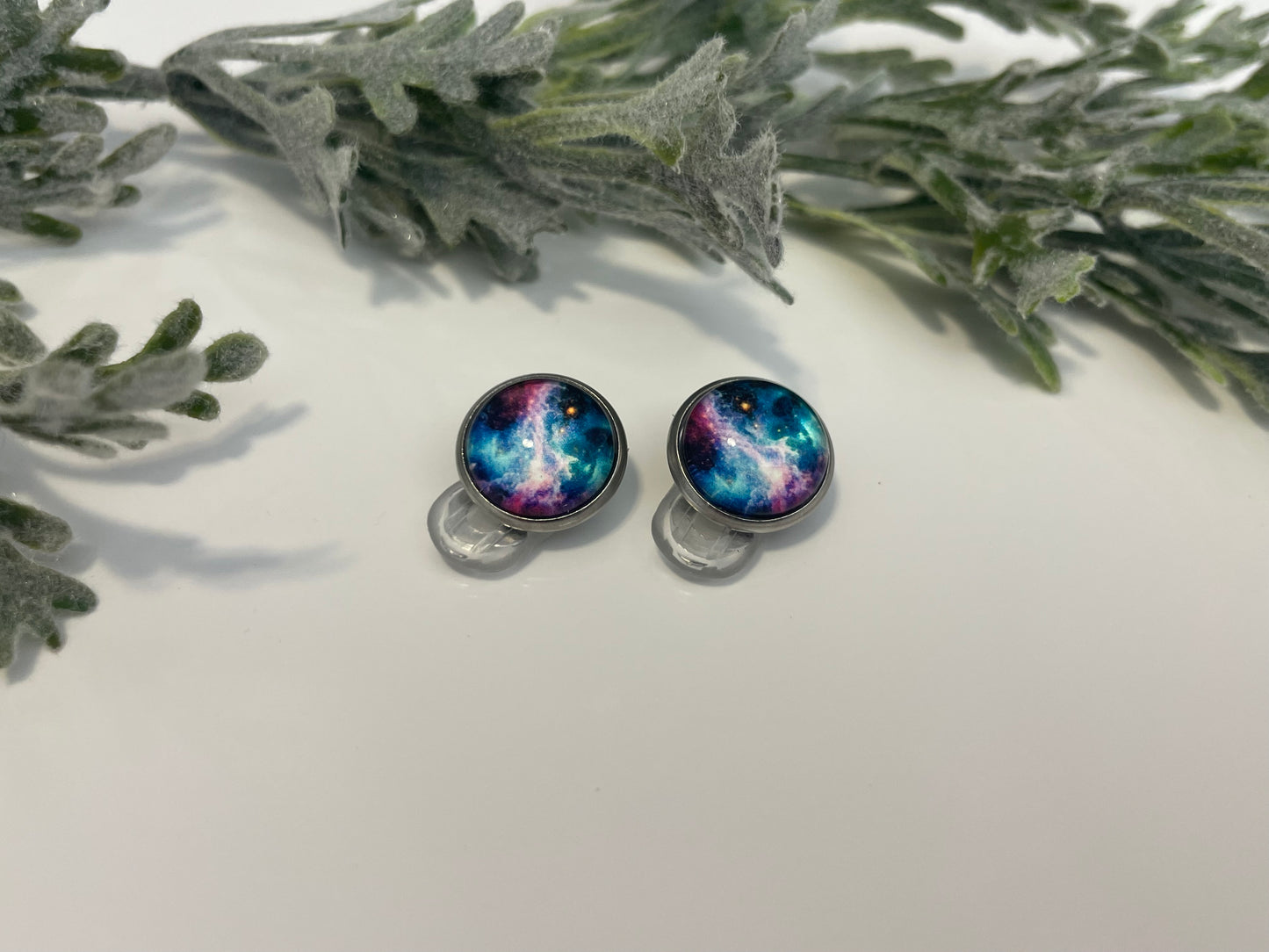 Glass Cabochon Clip On Earrings - Galaxy