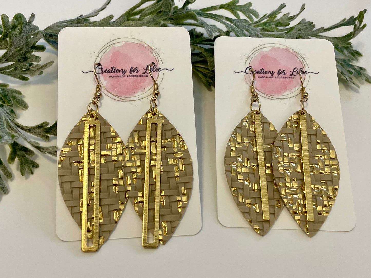 Leatherette Earrings - Beige & Gold Basket Weave