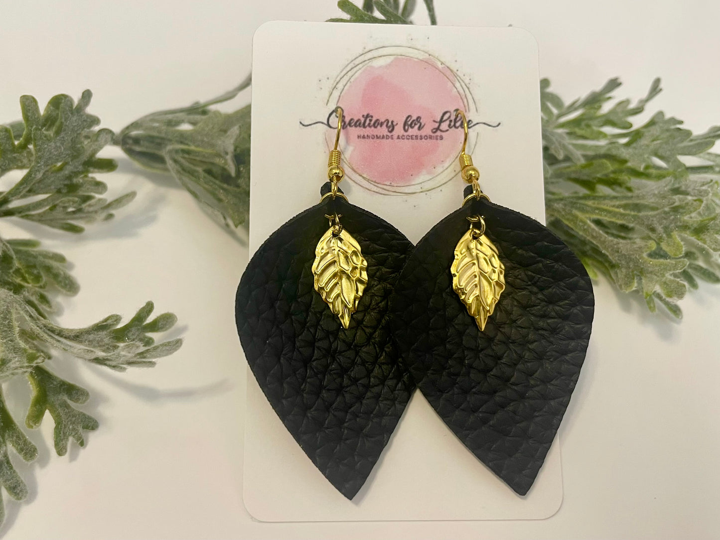 Leatherette Earrings - Black with Leaves