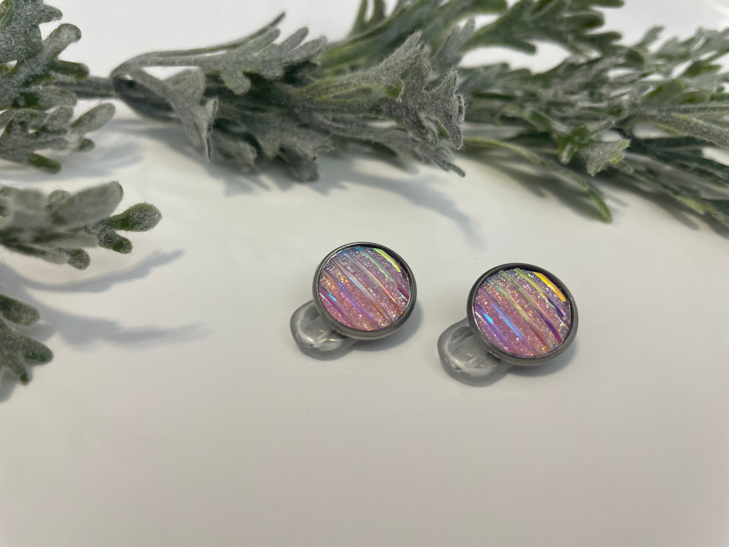 Sparkly Pink Stripe Resin Clip On Earrings